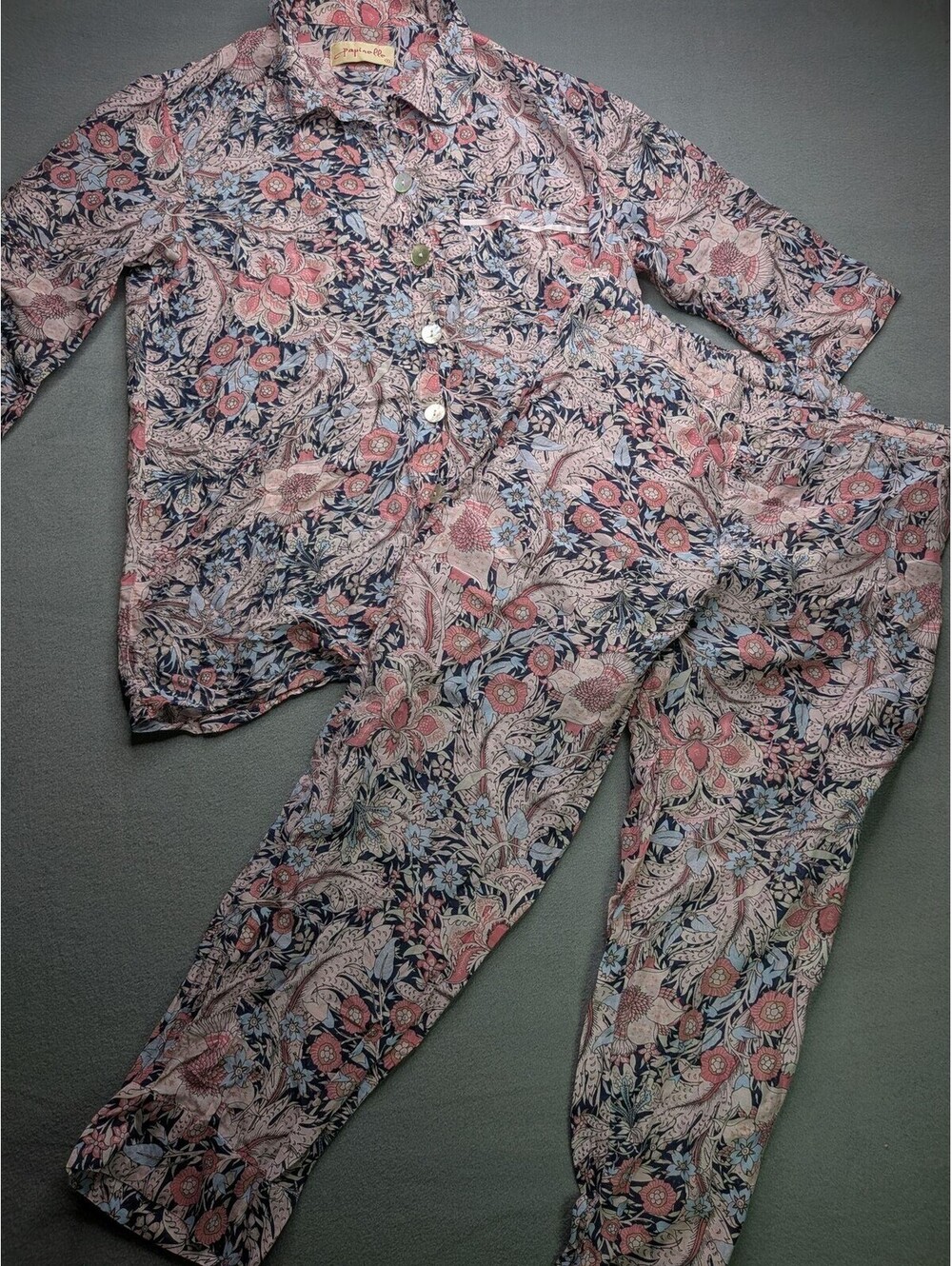 Papinelle Pajama Set Womens M Pink Floral Cotton Silk Button Top Pants Lounge